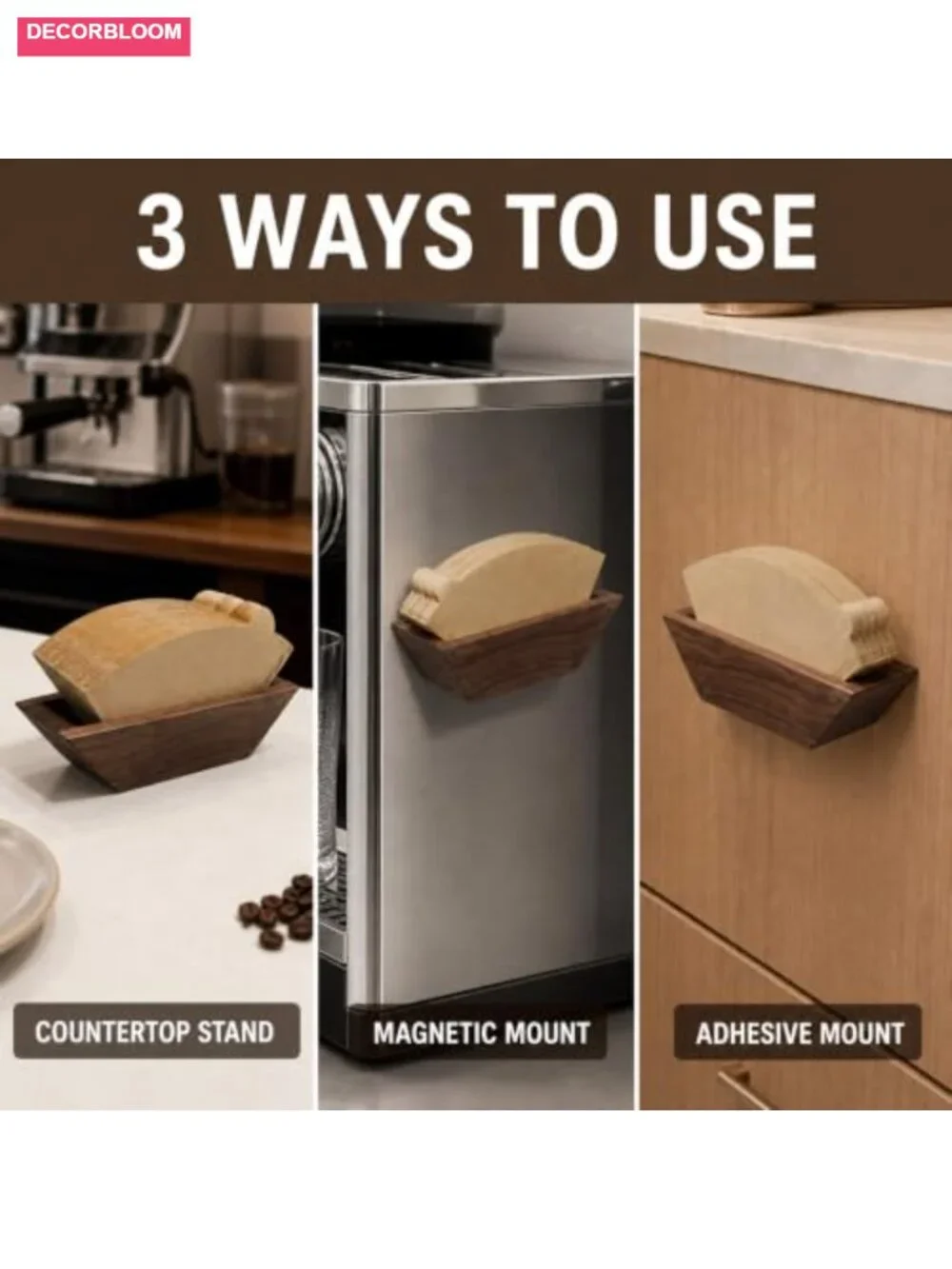 Walnut Magnetic Coffee Filter Holder for V60 Cone Filters, Holds 100